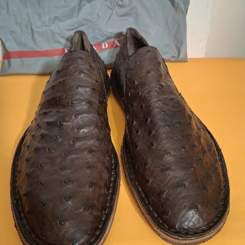 Prada Dark Brown Ostrich Leather Slip-On Loafers